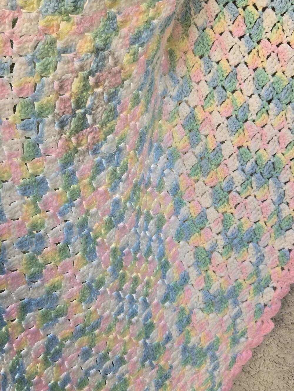 Vintage Handmade Pastel Crochet Baby Blanket with Pink Border